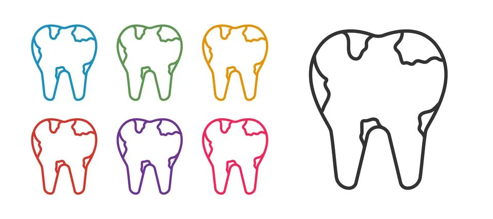Set line Broken tooth icon isolated on white background. Dental problem icon. Stockillustratie