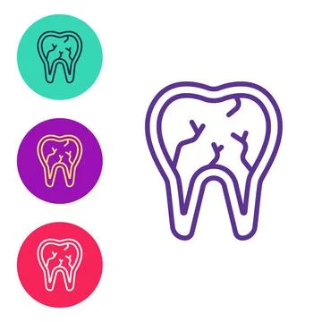 Set line Broken tooth icon isolated on white background. Dental problem icon. Stock Illustration