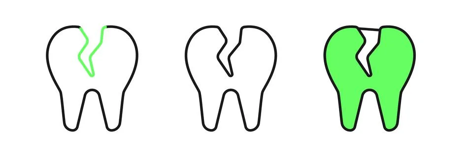 Set line Broken tooth icon isolated on white background. Dental problem ico.. Stock Illustration
