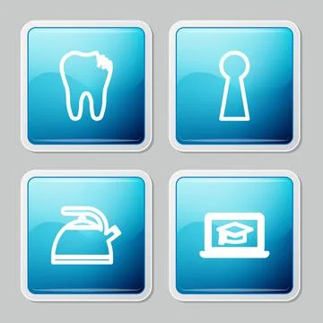 Set line Broken tooth, Keyhole, Kettle with handle and Graduation cap on laptop Stock Illustration