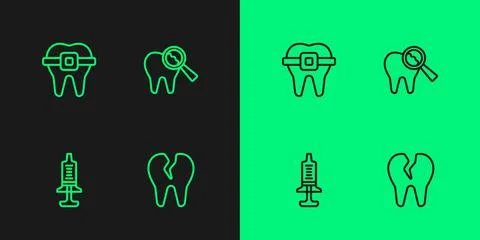 Set line Broken tooth, Syringe, Teeth with braces and icon. Vector Stock Illustration