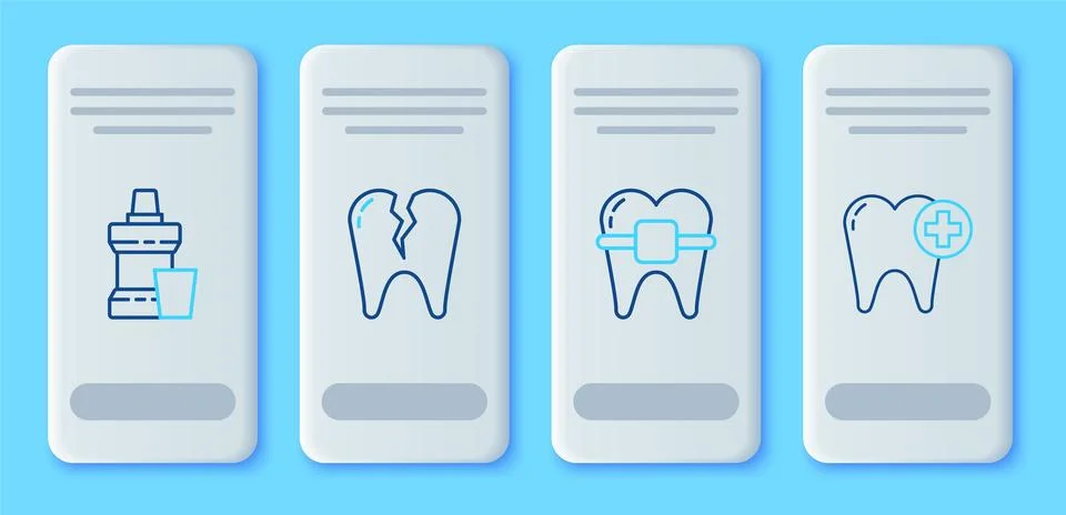 Set line Broken tooth, Teeth with braces, Mouthwash plastic bottle and Toot.. Stock Illustration