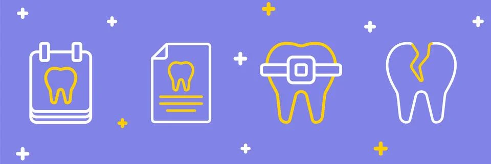 Set line Broken tooth, Teeth with braces, Clipboard dental card and Calenda.. Illustrazione stock