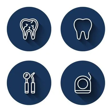 Set line Broken tooth, Tooth, Dental mirror and probe and floss with long shadow Stock Illustration