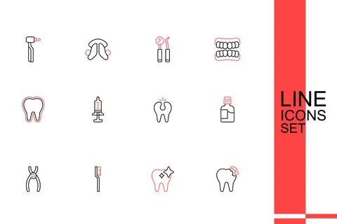 Set line Broken tooth Tooth whitening Toothbrush Dental pliers Mouthwash Syri Illustrazione stock
