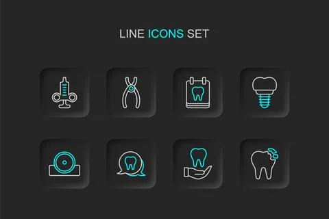 Set line Broken tooth, Tooth, Otolaryngological head reflector, Dental impl.. Stock Illustration