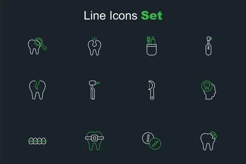 Set line Broken tooth, Toothache painkiller tablet, Teeth with braces, Dent.. Stock Illustration