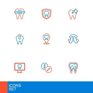 Set line Broken tooth, Toothache painkiller tablet, Online dental care, Den.. Stock Illustration