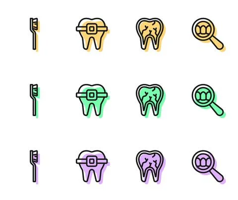 Set line Broken tooth, Toothbrush, Teeth with braces and Dental search icon Stock Illustration