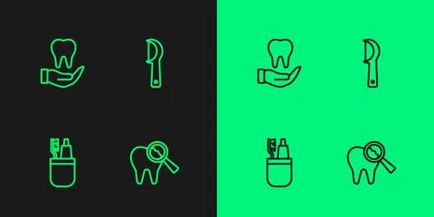 Set line Broken tooth, Toothbrush and toothpaste, and Dental floss icon. Vector Stock Illustration