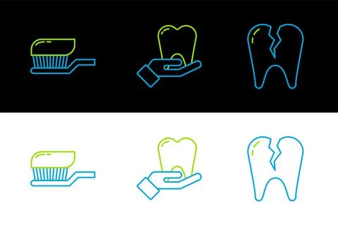 Set line Broken tooth, Toothbrush with toothpaste and icon. Vector 스톡 일러스트