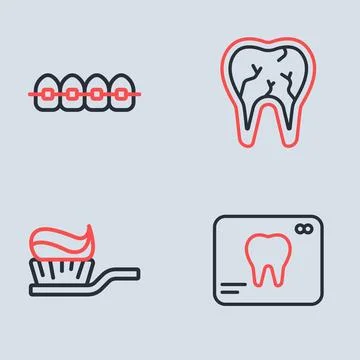 Set line Broken tooth Toothbrush with toothpaste X-ray of and Teeth braces ic イラスト素材