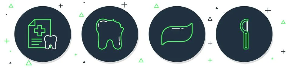 Set line Broken tooth, Toothpaste, Dental card and floss icon. Vector Stock Illustration