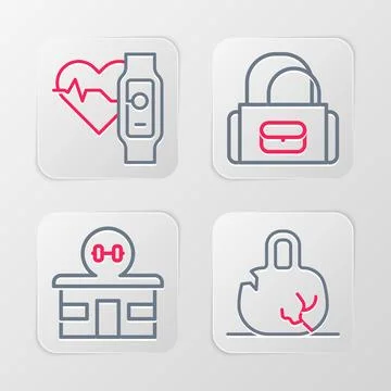 Set line Broken weight, Gym building, Sport bag and Smart watch with heart .. Ilustración de archivo