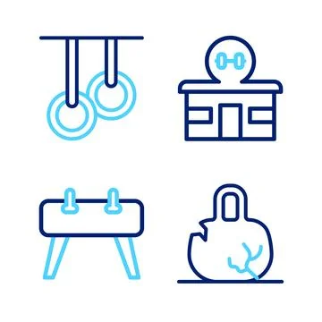 Set line Broken weight, Pommel horse, Gym building and Gymnastic rings icon.. Ilustración de archivo