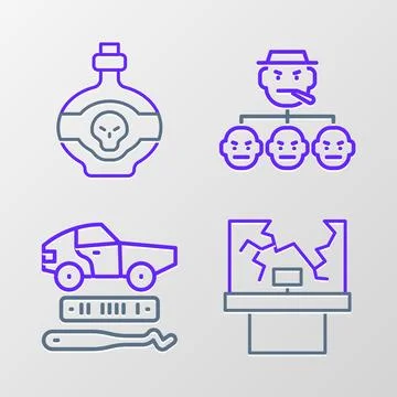 Set line Broken window, Car theft, Mafia and Poison bottle icon. Vector Stock Illustration