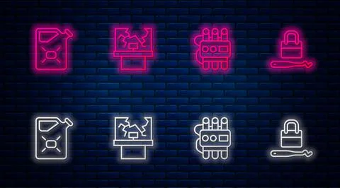 Set line Broken window, Dynamite and timer clock, Canister fuel and Lock picks Stock Illustration
