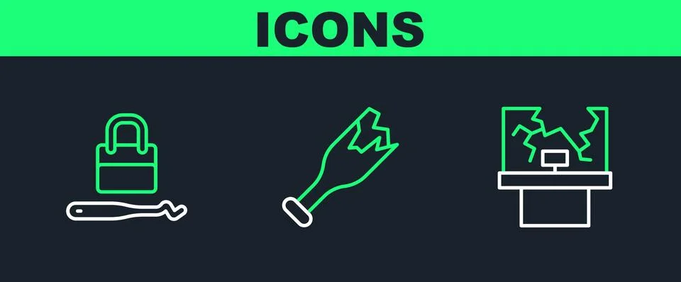Set line Broken window, Lock picks for lock picking and bottle as weapon ic.. Stock Illustration
