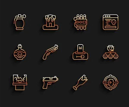 Set line Broken window, Pistol or gun, Hand grenade, bottle as weapon, Headshot Stockillustratie