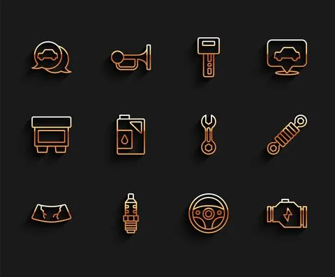 Set line Broken windshield, Car spark plug, service, Steering wheel, Check Ilustración de archivo