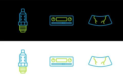 Set line Broken windshield, Car spark plug and Audio icon. Vector Stock Illustration