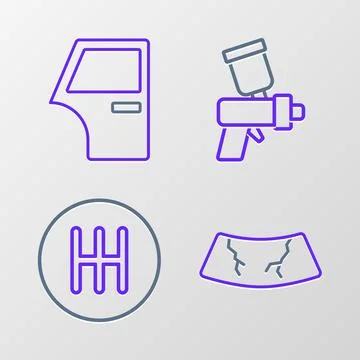 Set line Broken windshield, Gear shifter, Paint spray gun and Car door icon Ilustración de archivo