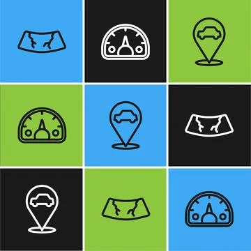 Set line Broken windshield, Location with car service and Speedometer icon Ilustración de archivo