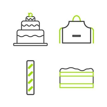 Set line Brownie chocolate cake, French baguette bread, Kitchen apron and C.. Stock Illustration