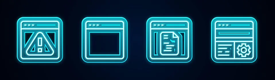 Set line Browser with exclamation mark, window, Software and Debugging. Glowing Stock-Illustration