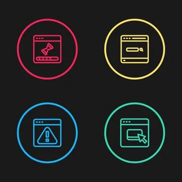 Set line Browser with exclamation mark, files, Search engine and Loading data Illustrazione stock
