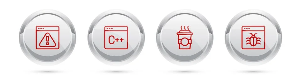 Set line Browser with exclamation mark, Software, Coffee cup to go and System Illustrazione stock