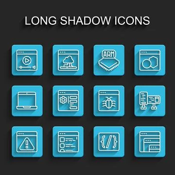 Set line Browser with exclamation mark, files, Online play video, Programming Illustration
