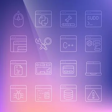 Set line Browser with exclamation mark, Laptop, setting, Loading data window Stock Illustration