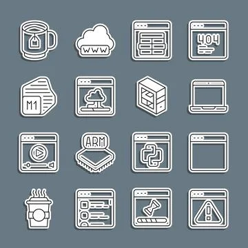 Set line Browser with exclamation mark, window, Laptop, MySQL code, Cloud Stock Illustration