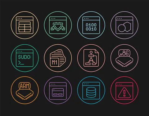 Set line Browser with exclamation mark, Processor microcircuits CPU, Binary code Stock Illustration