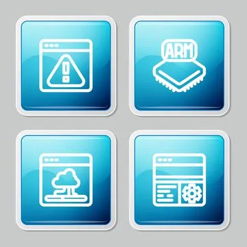 Set line Browser with exclamation mark, Processor, Cloud technology data Stock Illustration