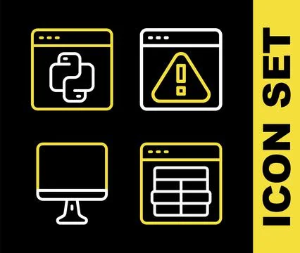 Set line Browser with exclamation mark, MySQL code, Computer monitor screen and 스톡 일러스트