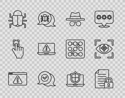 Set line Browser with exclamation mark, Document and lock, Incognito mode, Check Illustrazione stock