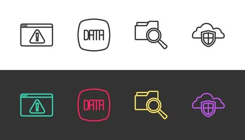 Set line Browser with exclamation mark, Data analysis, Search folder and Cloud Stock Illustration