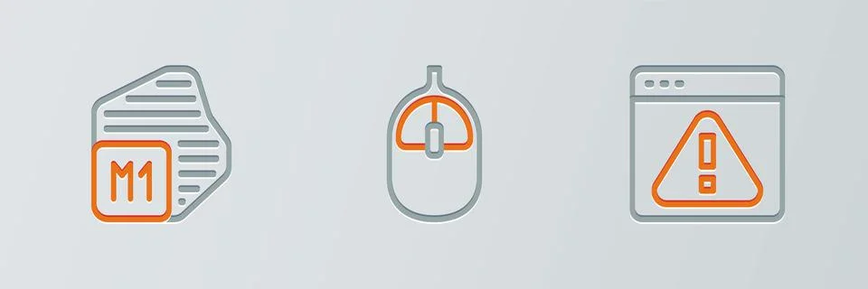 Set line Browser with exclamation mark, Processor and Computer mouse icon. Ve Illustrazione stock