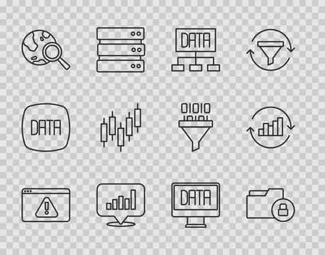 Set line Browser with exclamation mark, Folder and lock, Data analysis, Pie c Stock Illustration
