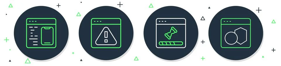 Set line Browser with exclamation mark, Loading data window, Software and  ic Stock Illustration