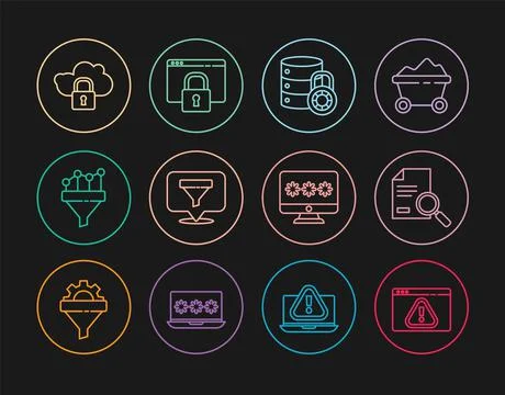 Set line Browser with exclamation mark, Document search, Server security lock Ilustración de archivo