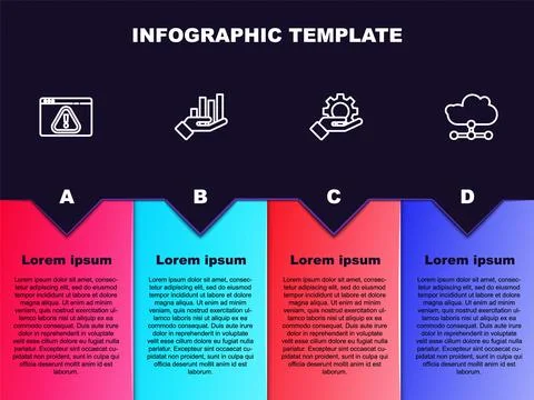 Set line Browser with exclamation mark, Pie chart infographic, Hand settings  Illustrazione stock