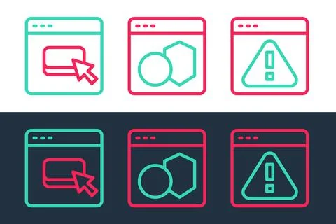 Set line Browser with exclamation mark, files and Software icon. Vector Illustrazione stock