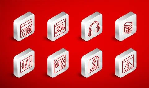 Set line Browser with exclamation mark, shield, Headphones, Computer, Flowchart Illustrazione stock