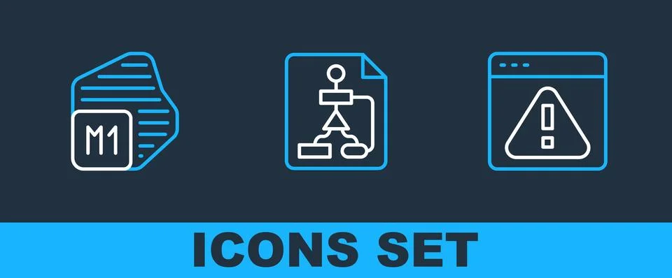 Set line Browser with exclamation mark, Processor and Flowchart icon. Vector Illustrazione stock