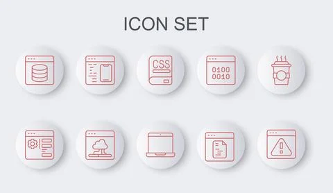 Set line Browser with exclamation mark, setting, Books about programming Illustration