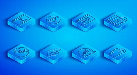 Set line Browser with exclamation mark, Sales funnel chart, Data analysis, .. Stock Illustration