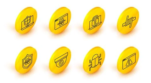 Set line Browser with exclamation mark, System bug, Security camera, Incogn.. Illustrazione stock